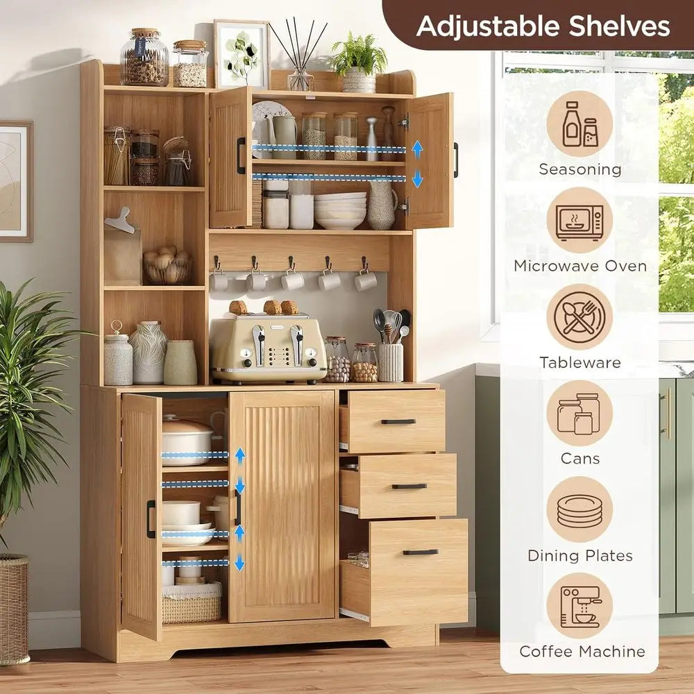 68 Tall Pantry Cabinet with Charging Station, 3 Drawers, 2 Cabinets, Open Shelves, Wood Hutch for Kitchen, Dining, or Living Roo