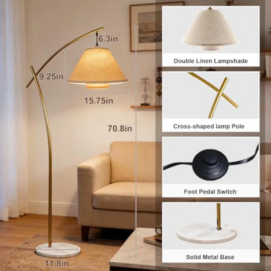 Arc Floor Lamp For Living Room With Double Linen Shade