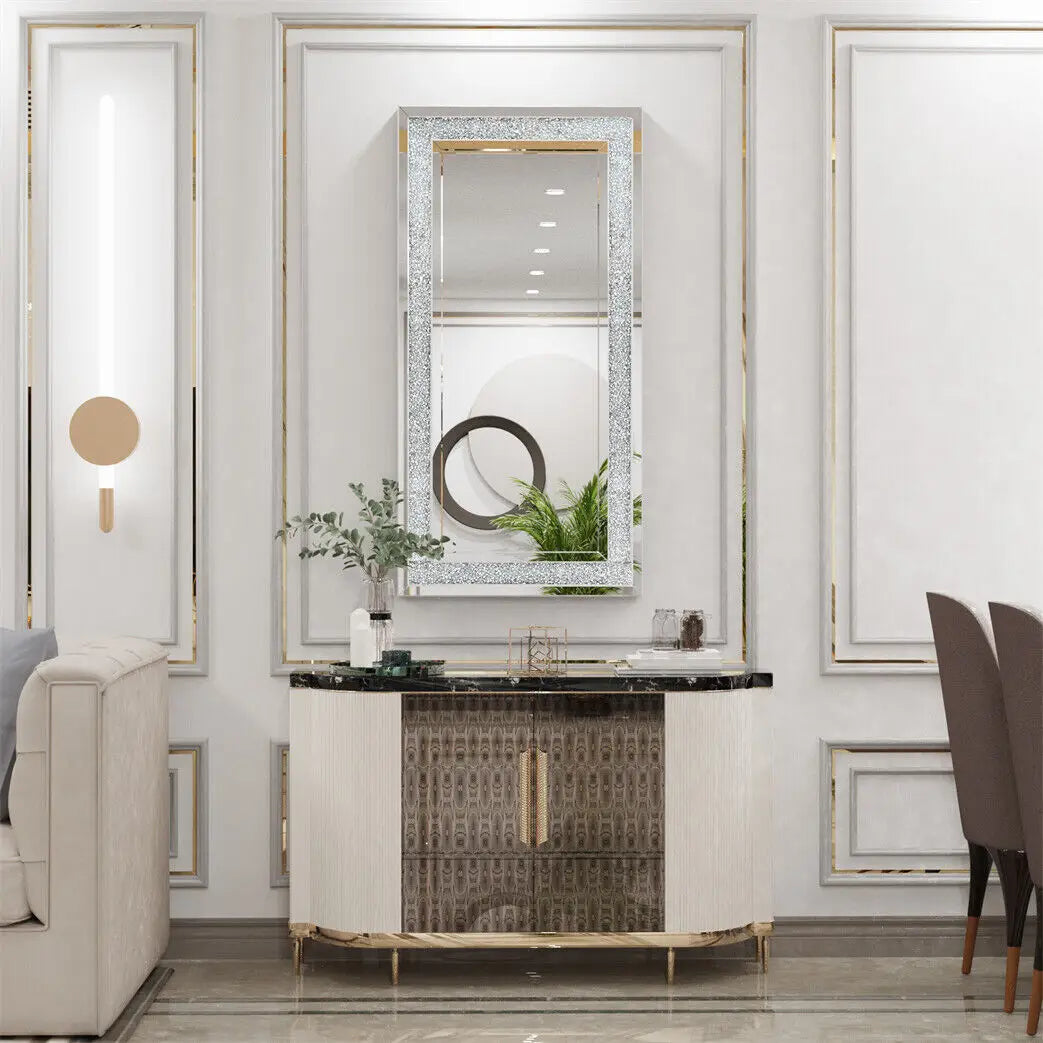 Crystal Crush Diamond Wall Mirror Rectangular Silver Frame For Bathroom