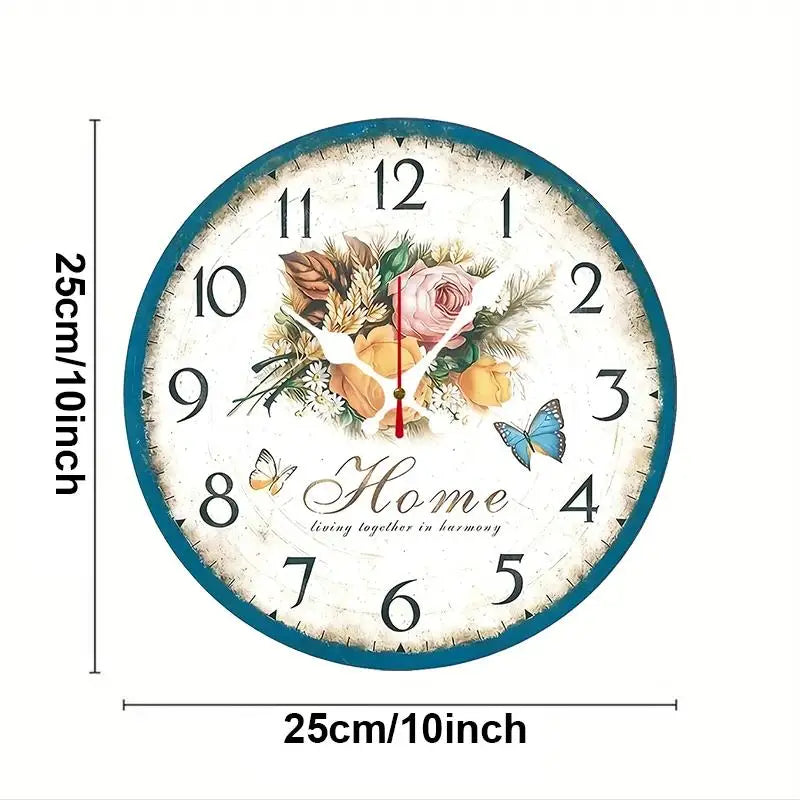 Wooden Round Silent Hanging Wall Clock With 2D Bouquet Design