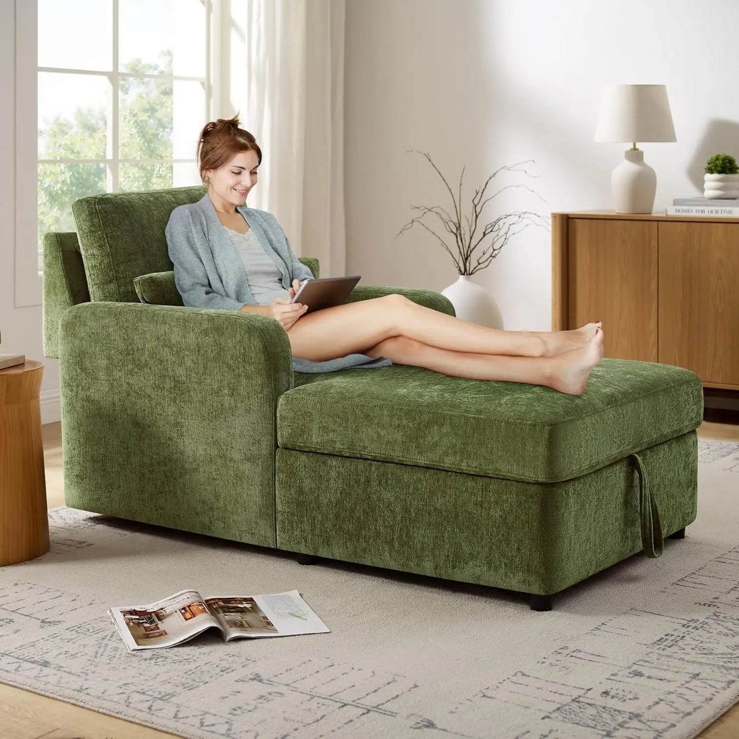 Chenille Chaise Lounge Chair Indoor With Adjustable Backrest And Storage