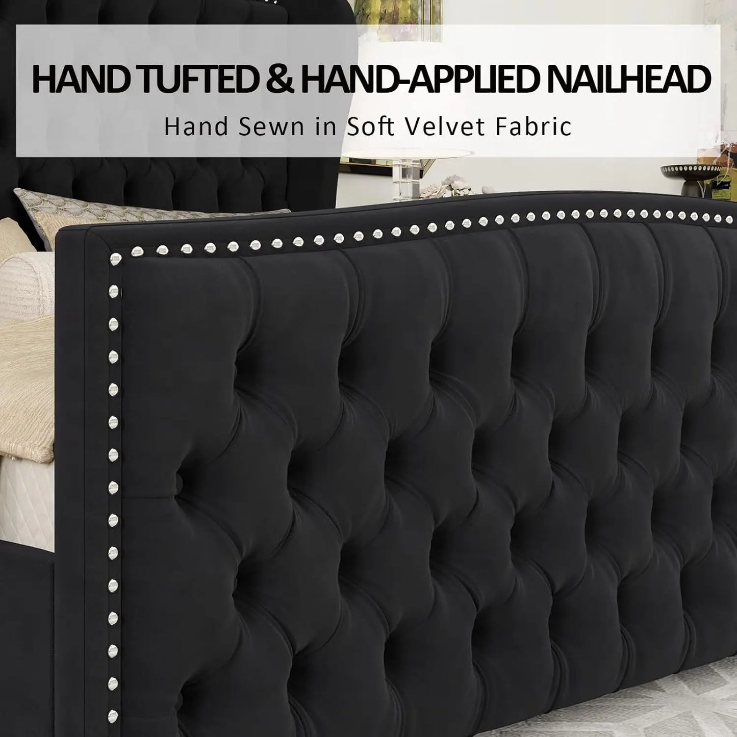 Velvet Platform Bed Frame With Deep Button Tufted Headboard Nailhead Trim