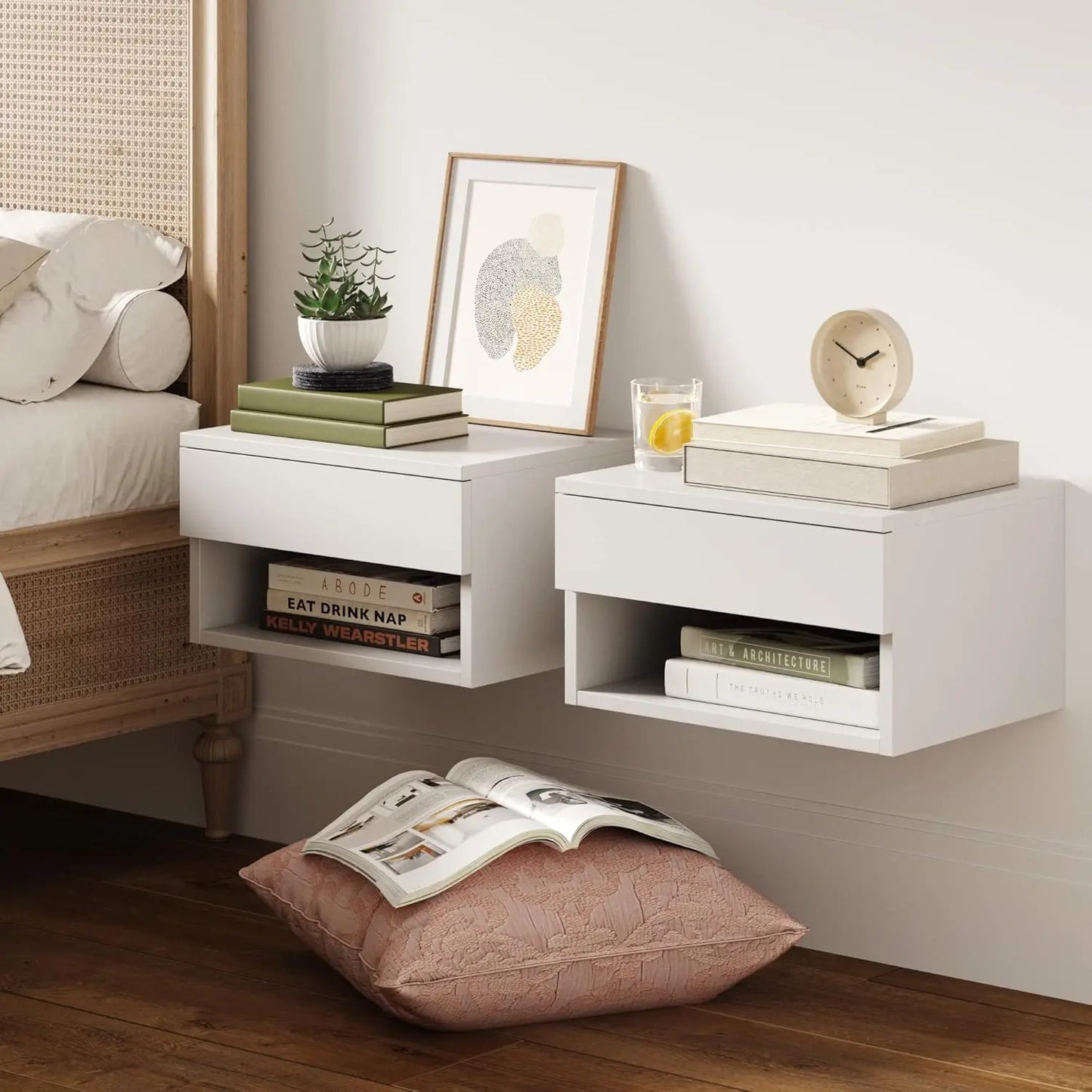 Wall Mounted Floating Nightstand With Drawer And Open Shelf 2-Pack