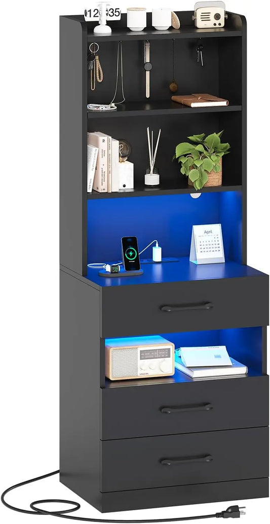 AOGLLATI Tall Nightstand With Charging Station And LED Lights