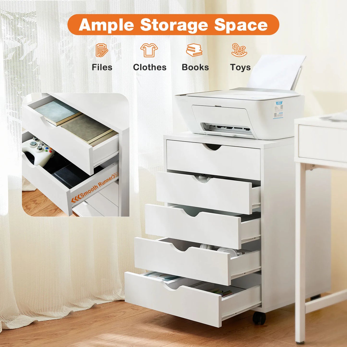 JHK Wood Nightstand 5 Drawer With Wheels Storage Organizer