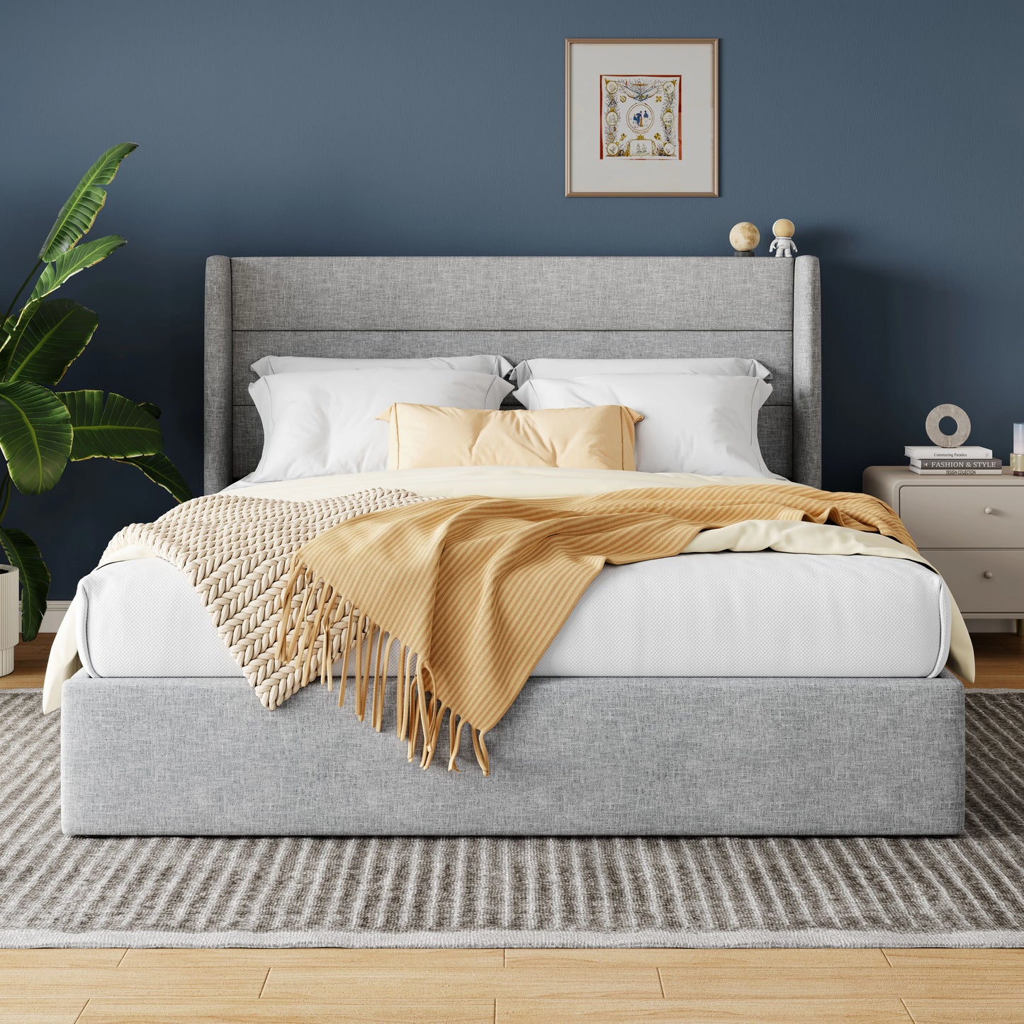Allewie Lift Up Storage Bed With Wingback Headboard And Hydraulic System