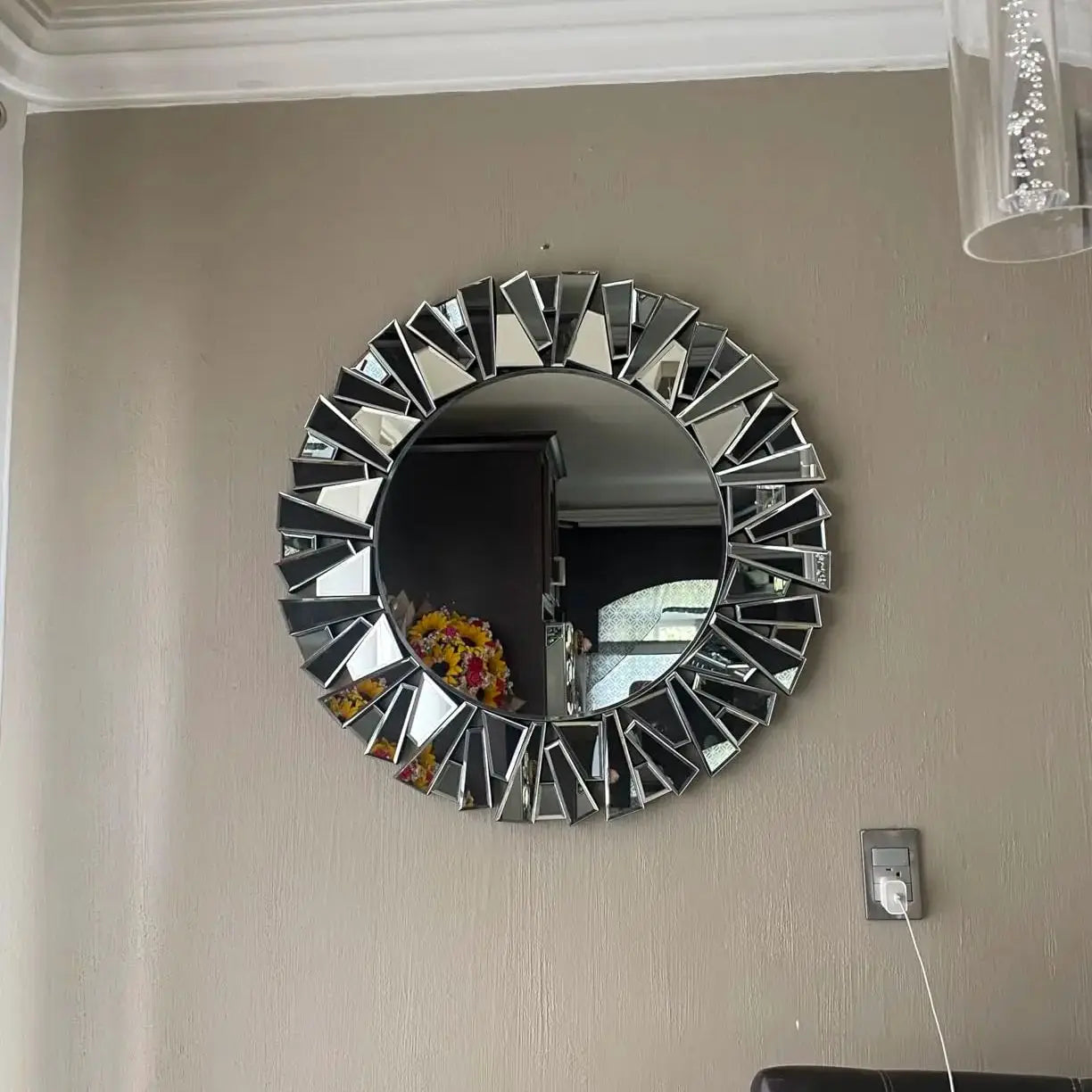 Sunburst Decorative Round Wall Mirror Silver Beveled Glass