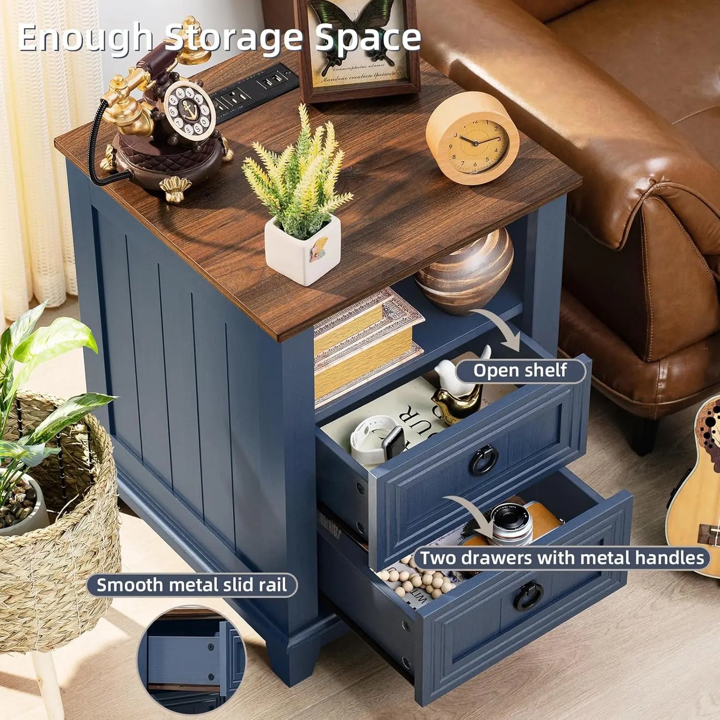 Farmhouse Night Stands Set 2 With Charging Station And Drawers