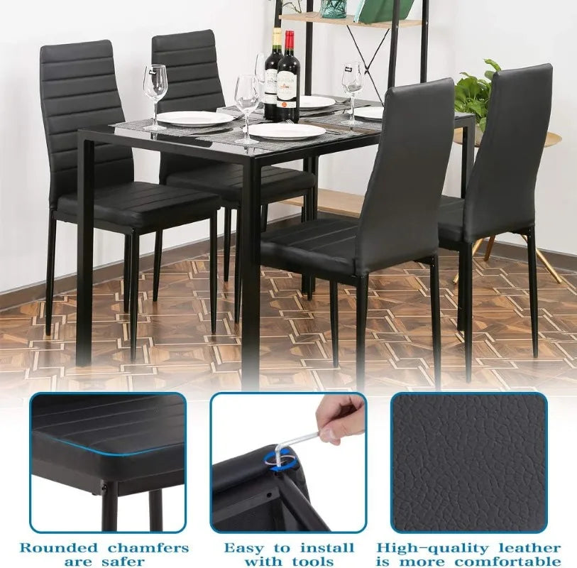 FDW 5-Piece Glass Top Dining Table Set with Upholstered Chairs