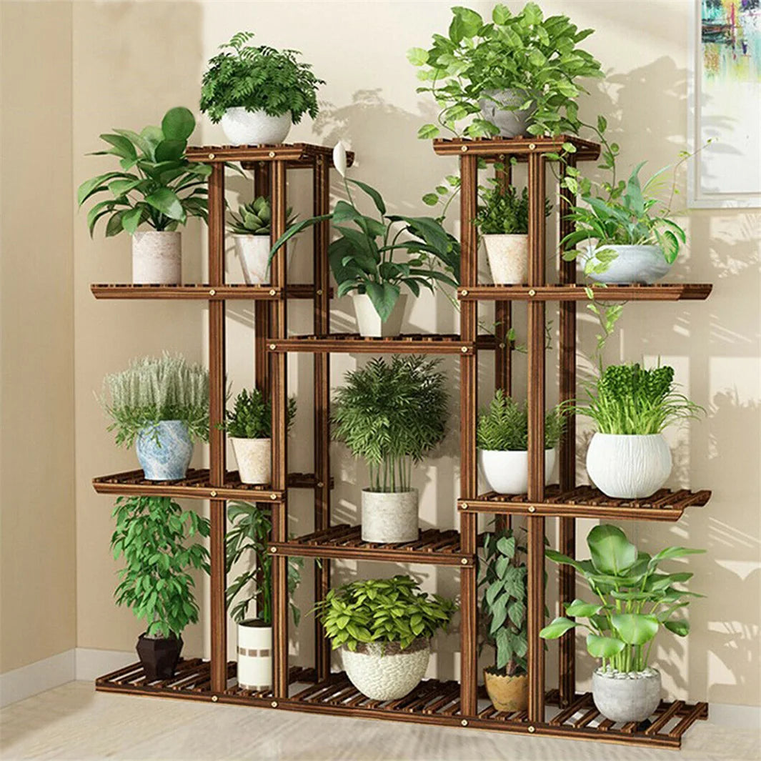 11 Tier Wood Plant Stand Carbonized Display Shelf Garden Decor