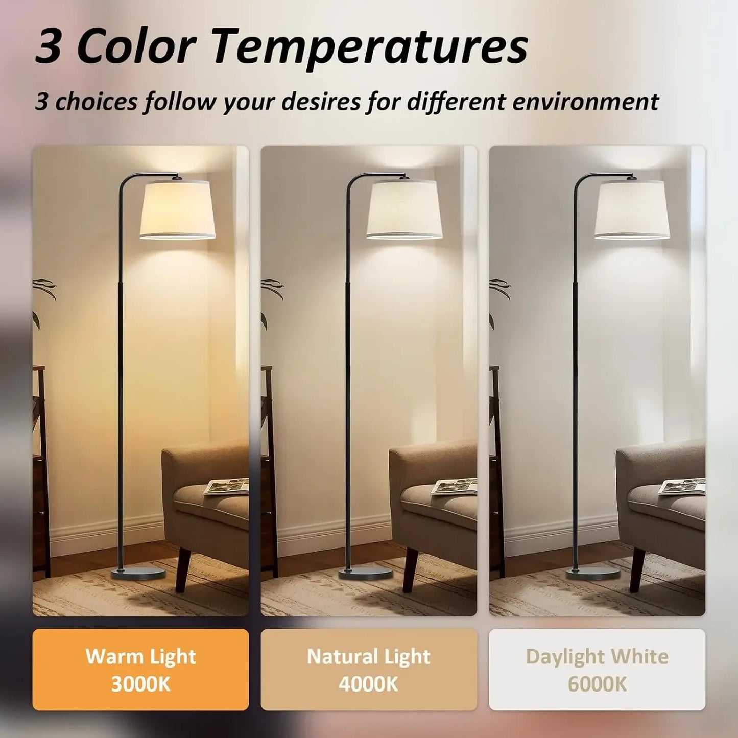 Modern Arc Floor Lamp With 3 Color Temperatures Adjustable Head