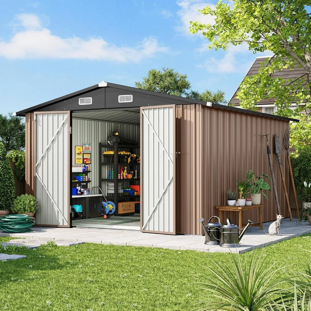 Heavy-Duty Galvanized Steel Outdoor Storage Shed With Lockable Double Doors