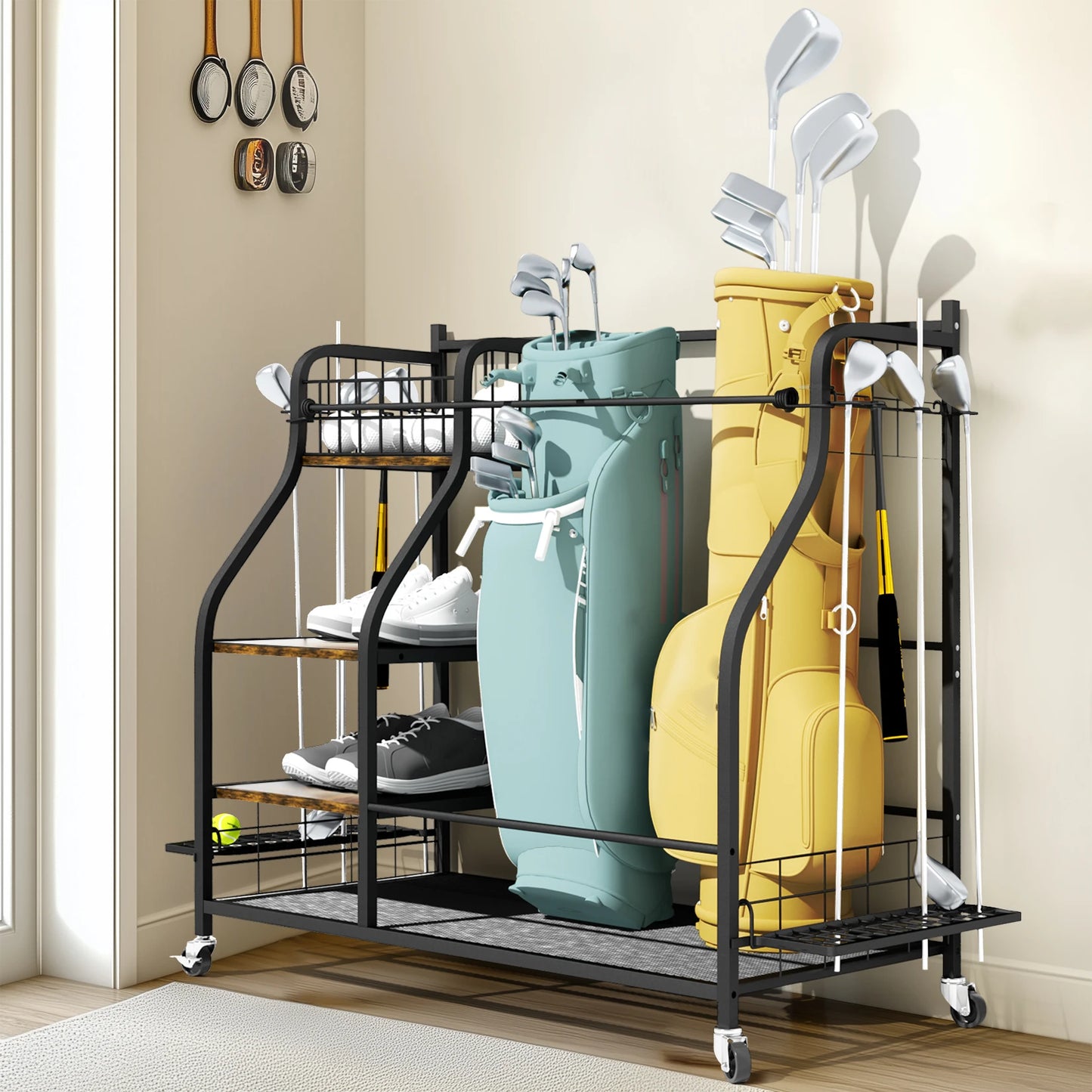 Three Tier Metal Rolling Golf Bags Storage Organizer Rack With Wheels