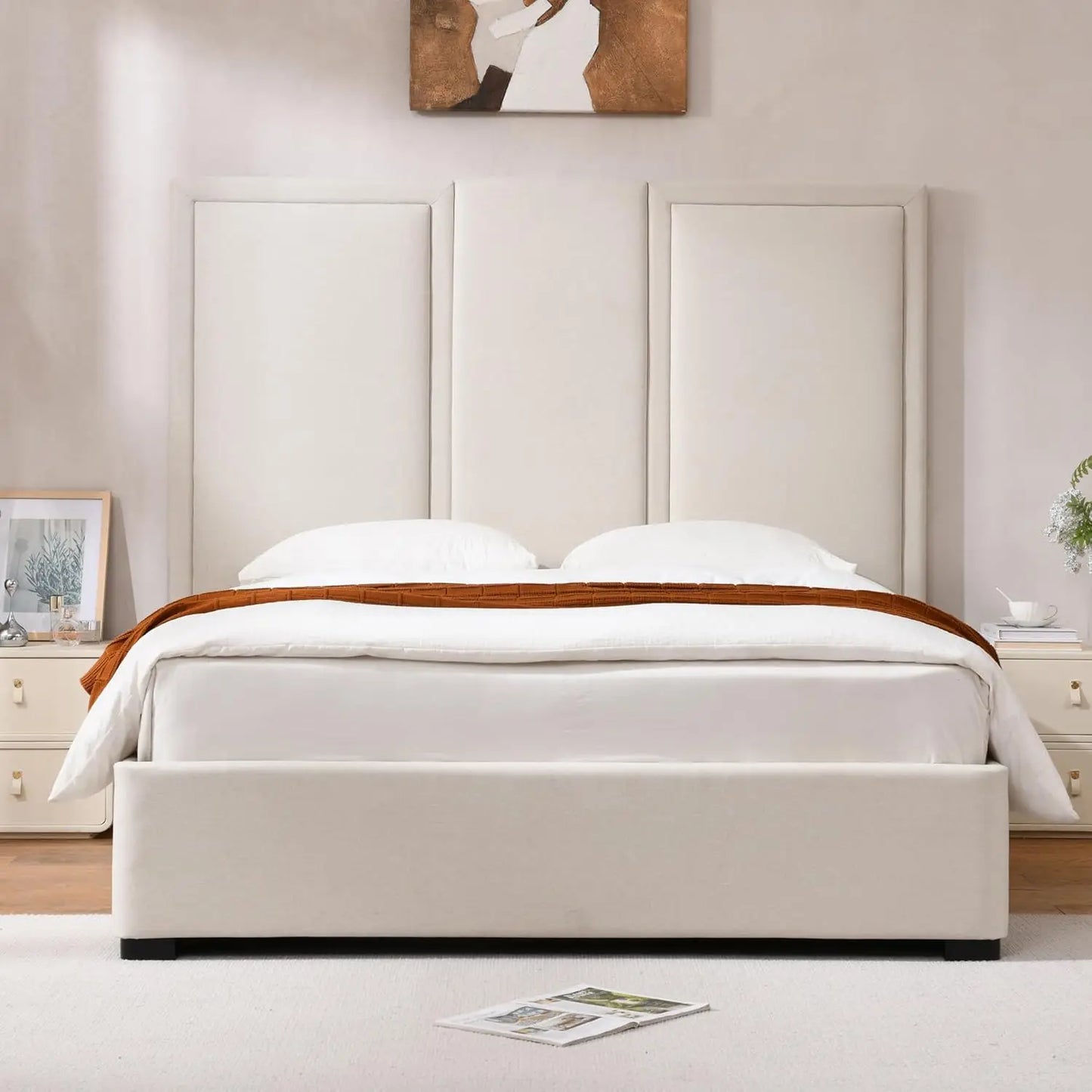 Queen Linen Upholstered Platform Bed With Storage Drawers