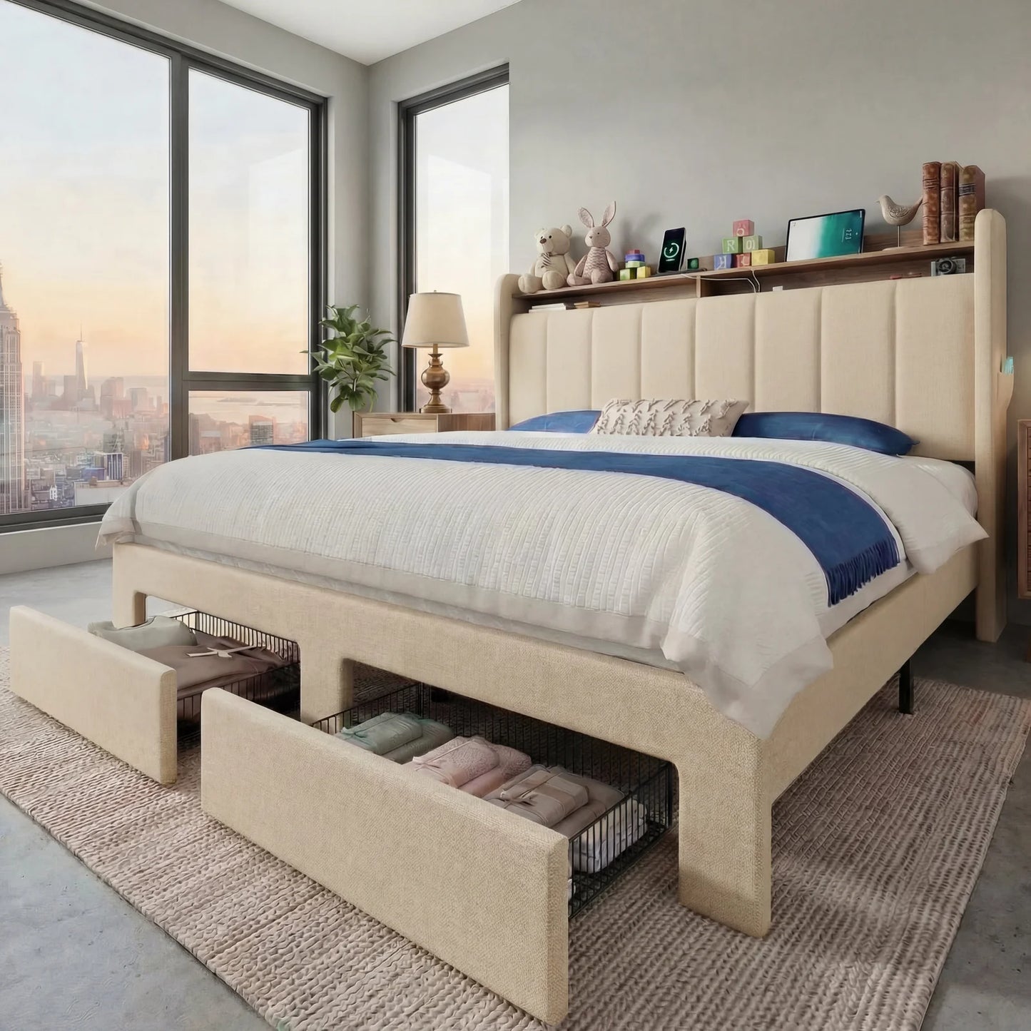 HOOMIC Bed Frame With LED Lights 2 Storage Drawers Shelves No Box Spring Needed