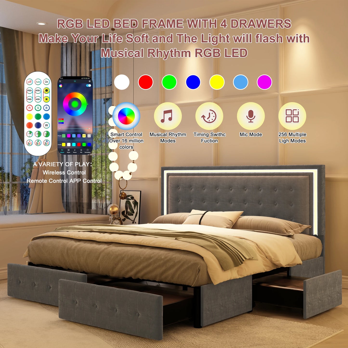 GEGOFORU LED Bed Frame With 4 Storage Drawers RGBW Headboard