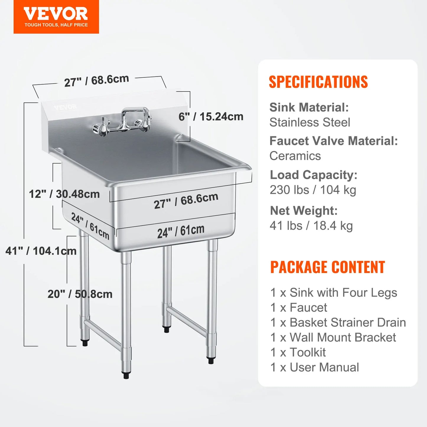 Stainless Steel Kitchen Prep And Utility Sink One Compartment Commercial