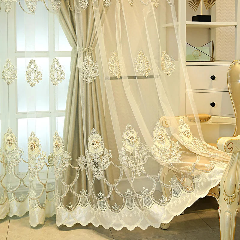 Elegant Double Layer Blackout Curtains With 3D Embroidery