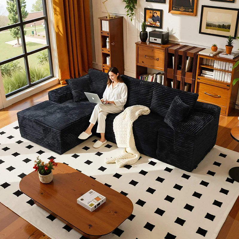 L Shaped Sofa Bed Convertible With Corduroy Fabric No Assembly