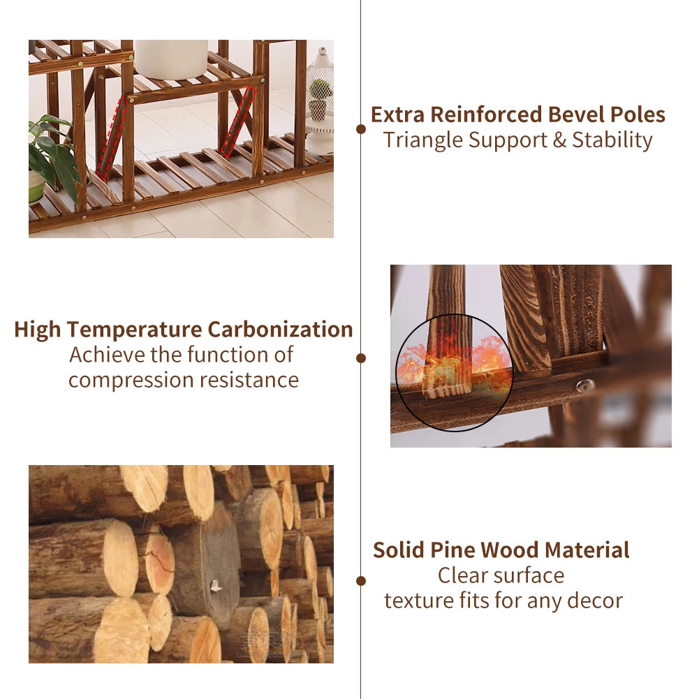 11 Tier Wood Plant Stand Carbonized Display Shelf Garden Decor