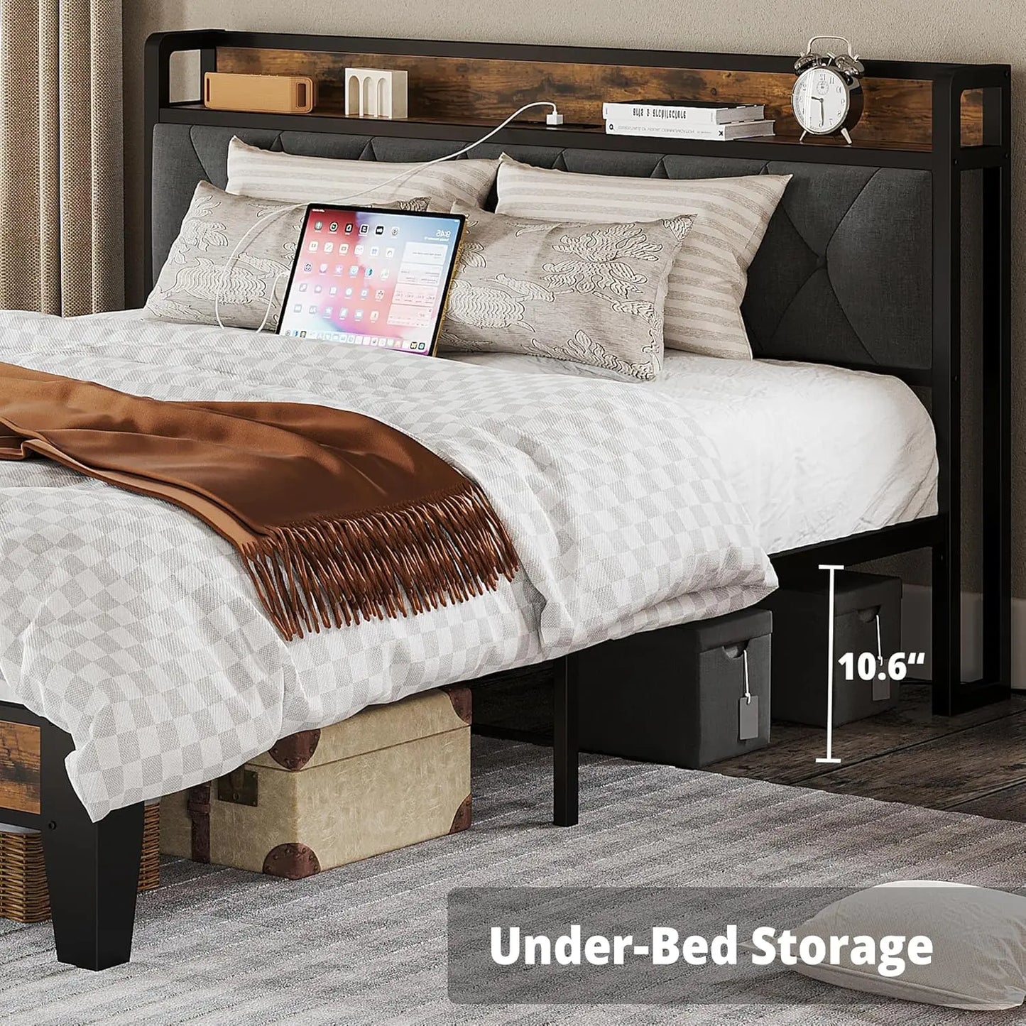 ANCTOR Storage Headboard Bed Frame With Outlets Quiet Design