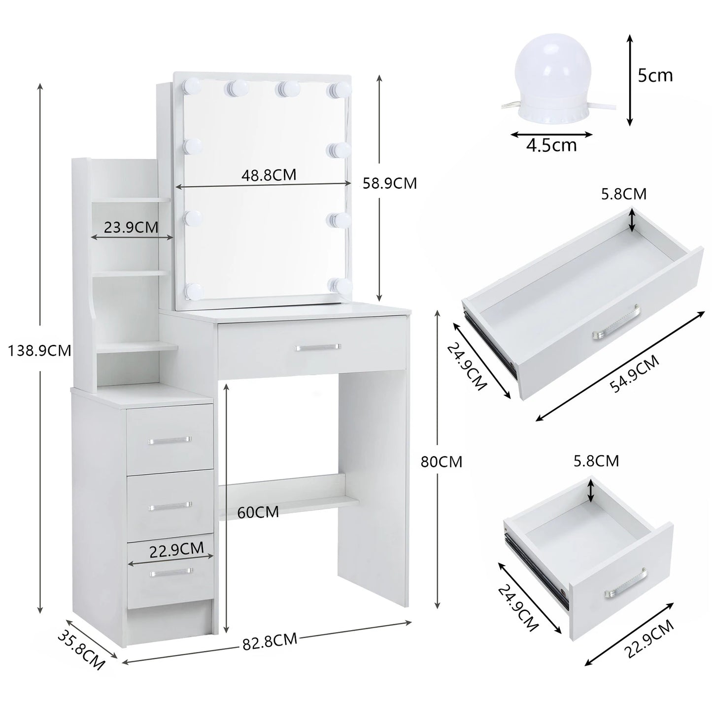 Yamissi LED Vanity Table With Sliding Mirror 4 Drawer Desk