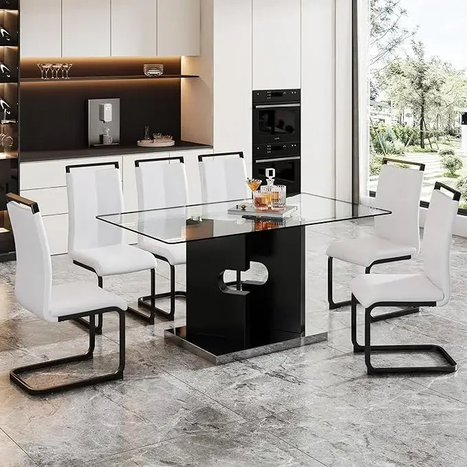 7 Piece Dining Set With Tempered Glass Table And Chairs