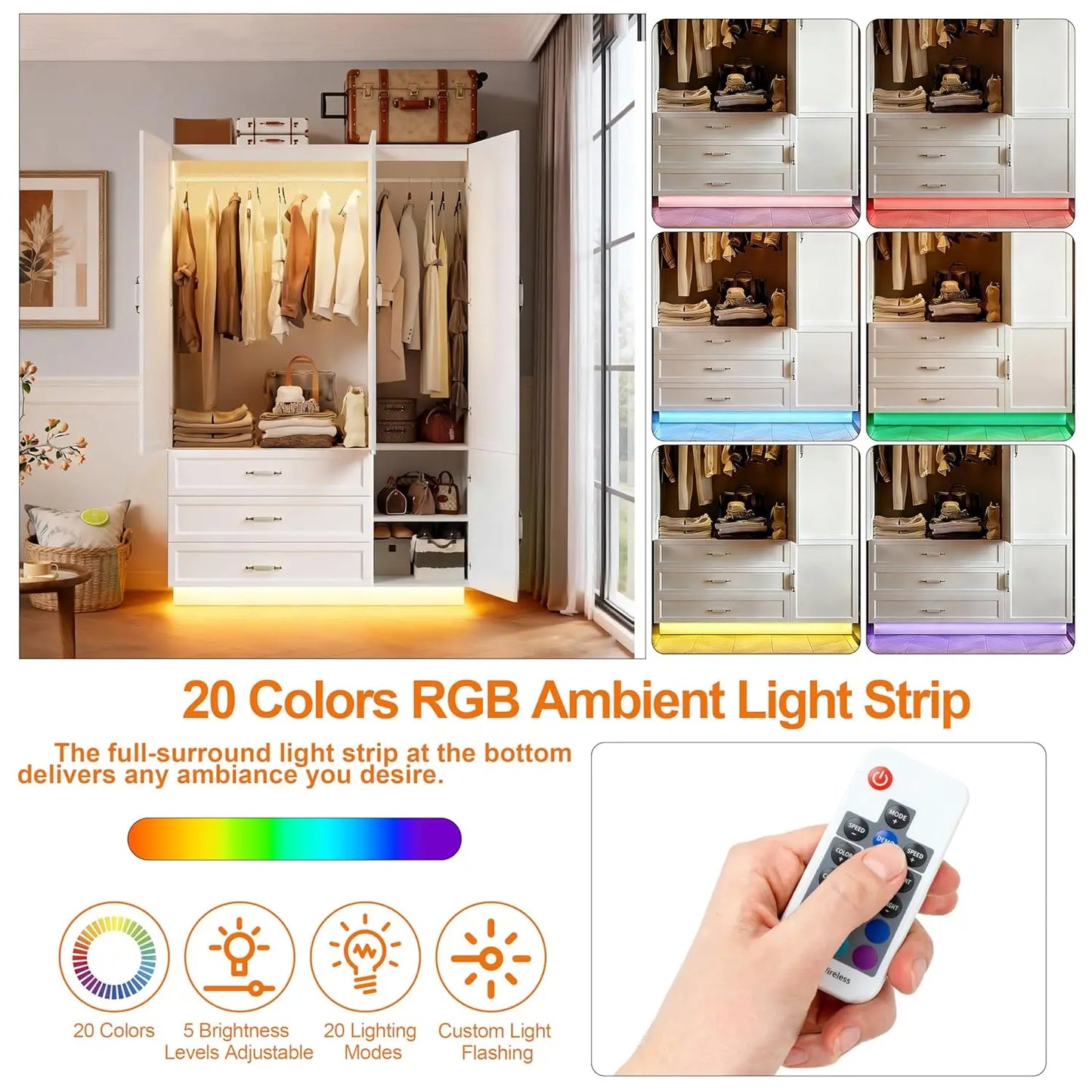 Wooden Armoire Wardrobe With LED Lighting And 3 Drawers