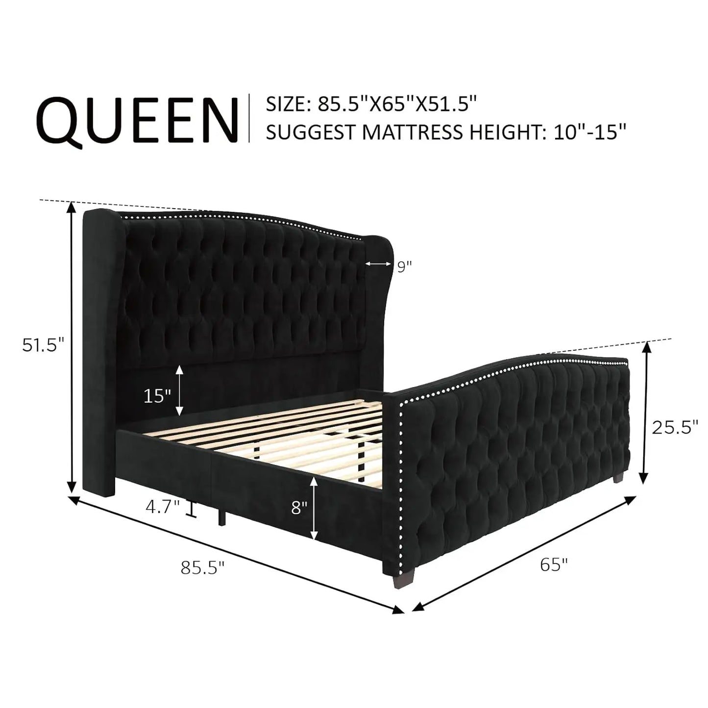 Velvet Platform Bed Frame With Deep Button Tufted Headboard Nailhead Trim
