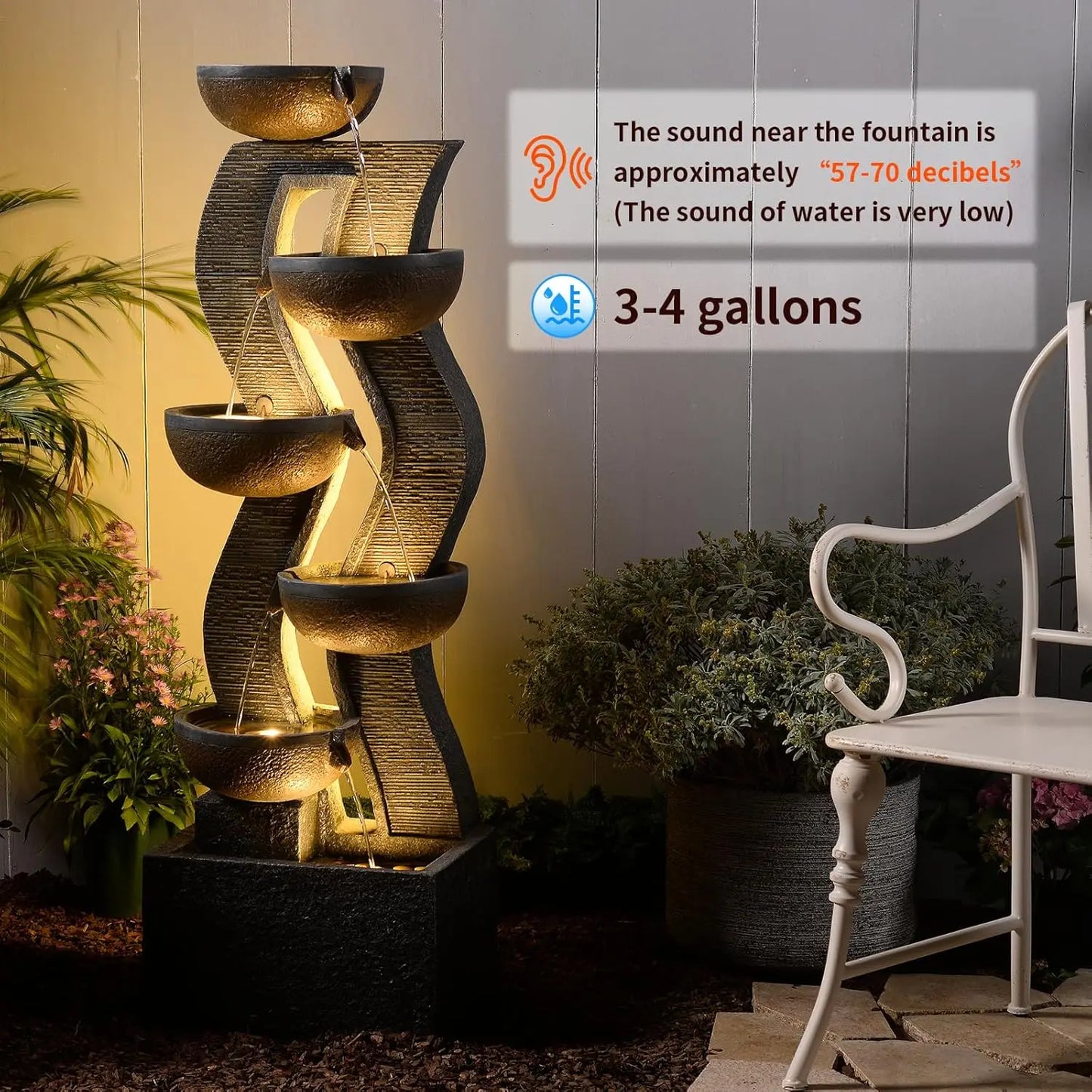Outdoor Water Fountain With Lights Six Tier Cascading Resin
