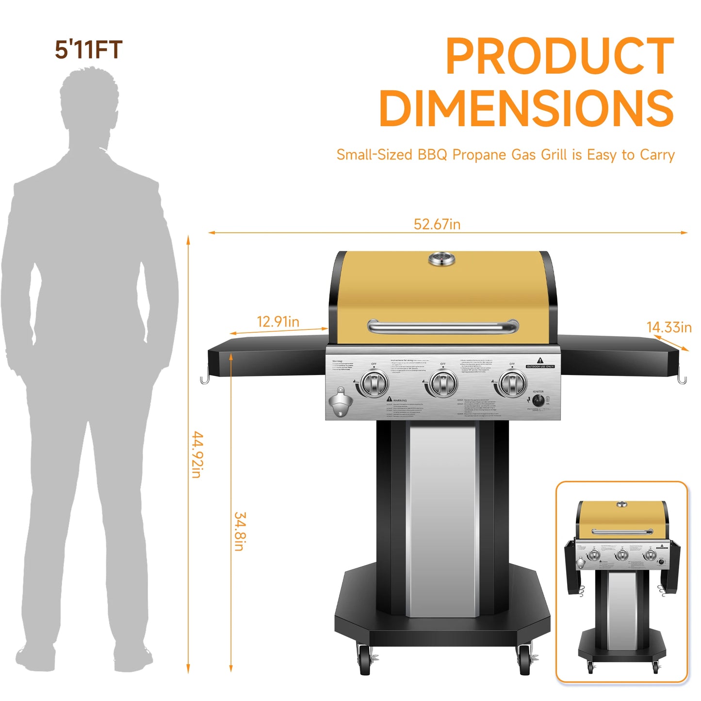 3-Burner Propane Gas Grill With Warming Rack And Wheels