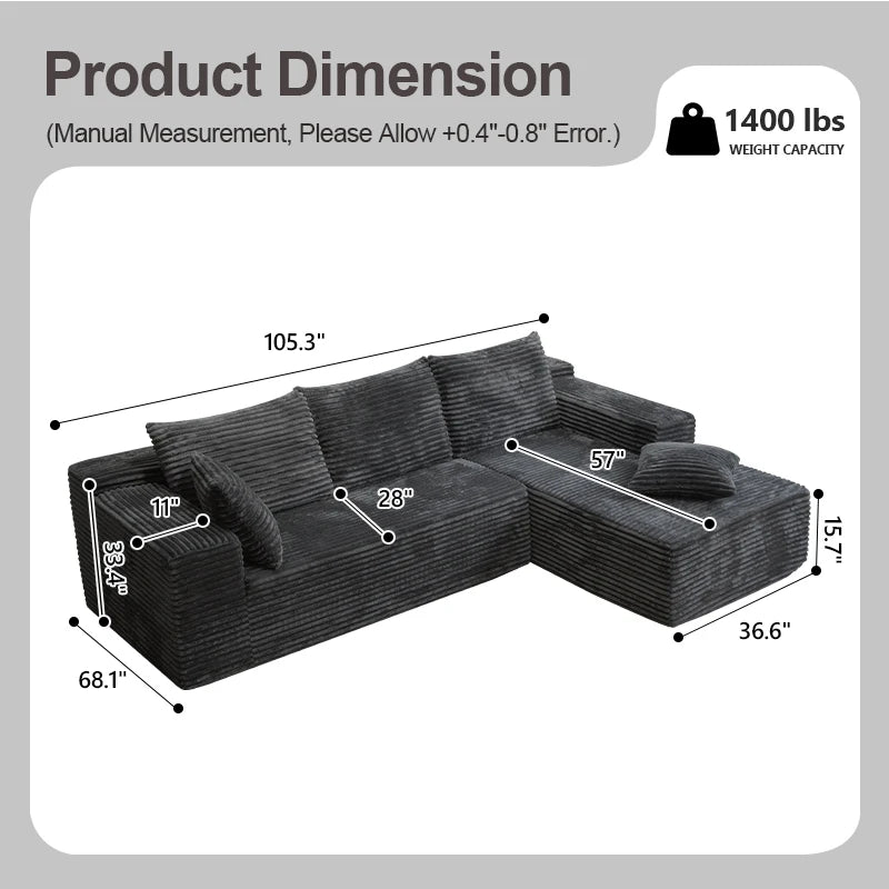 L Shaped Sofa Bed Convertible With Corduroy Fabric No Assembly