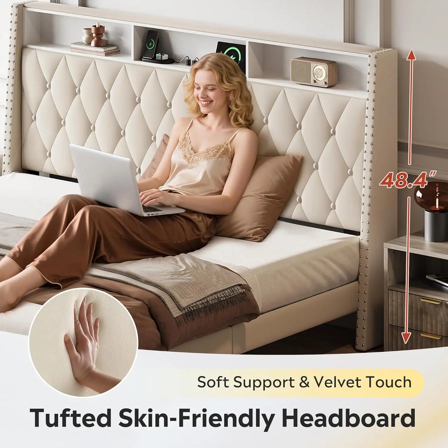 Upholstered Velvet Bed Frame With Wingback Headboard And Charging Station