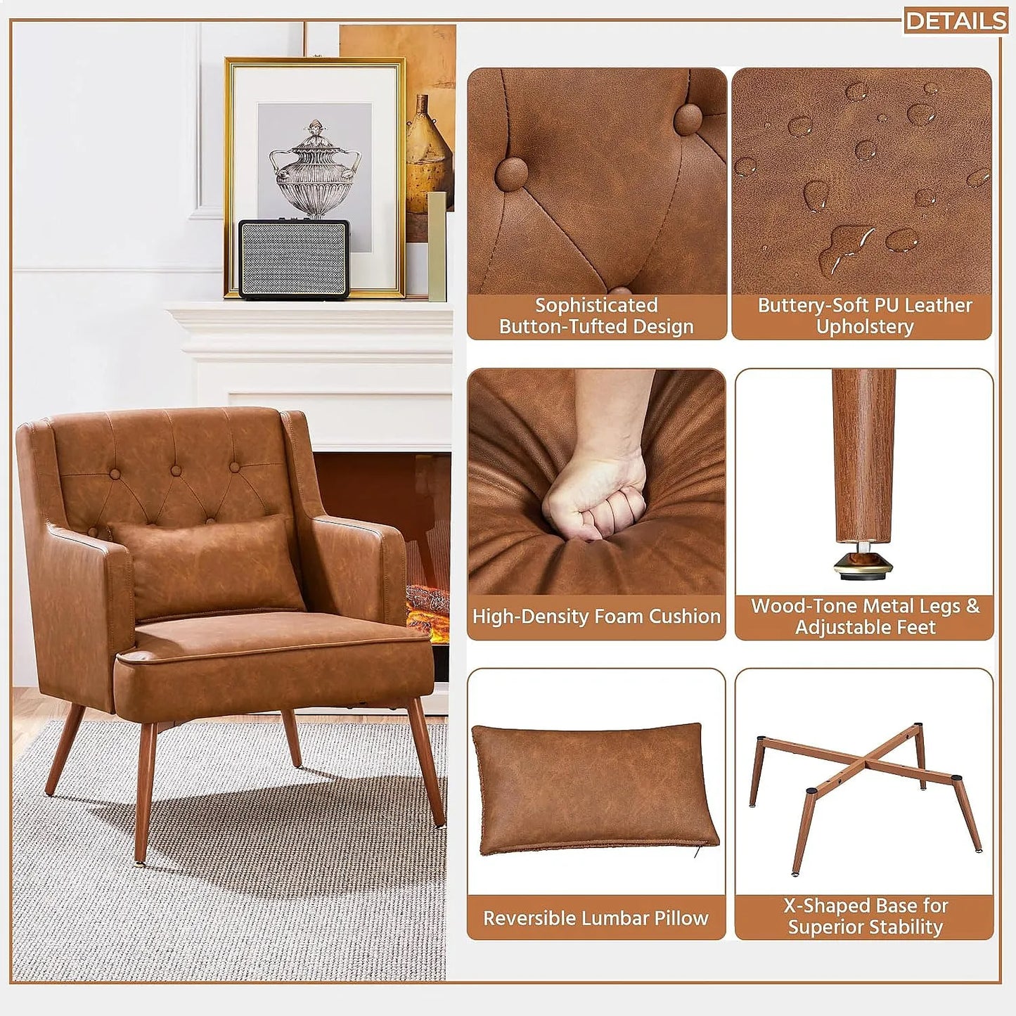 2PCS Mid Century PU Leather Accent Chair with Lumbar Pillow, Comfy Upholstered Armchair for Living Room Bedroom Brown
