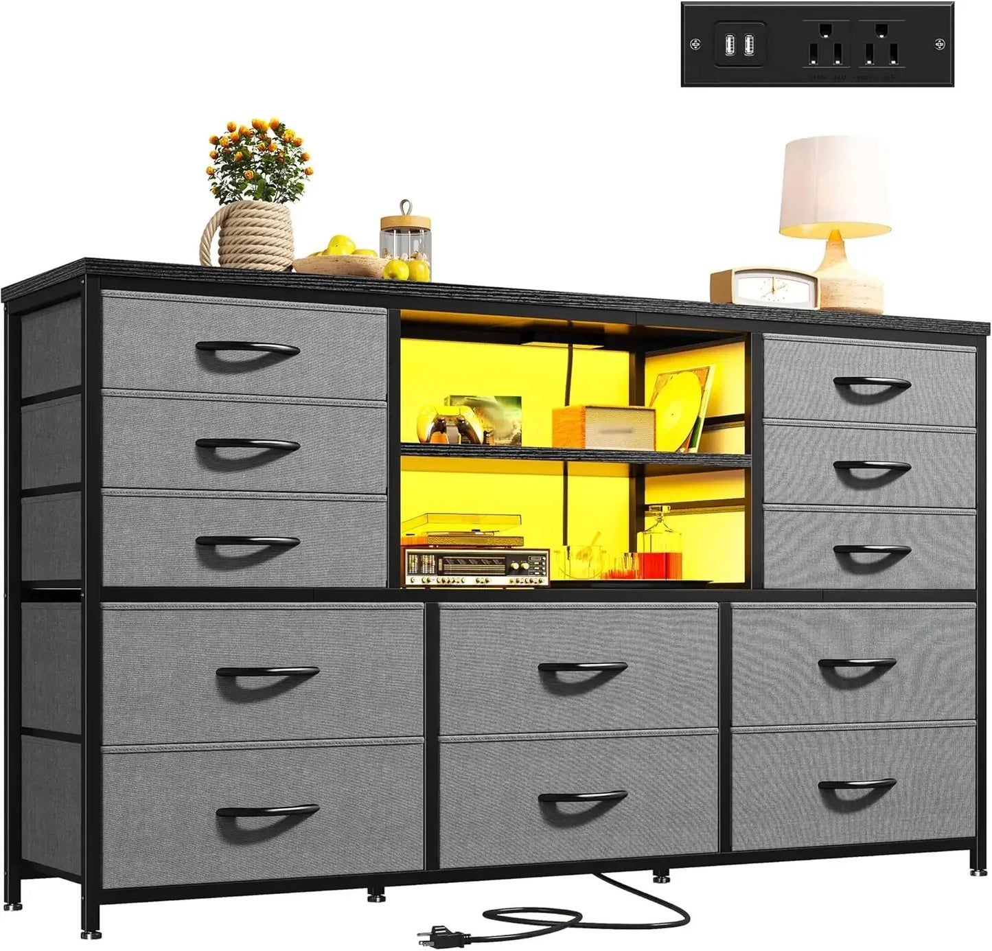 LED Light & Power Outlet Equipped 12-Drawer Dresser TV Stand for 60'' TV Bedroom Fabric Dressers  Chest for Storage Customized
