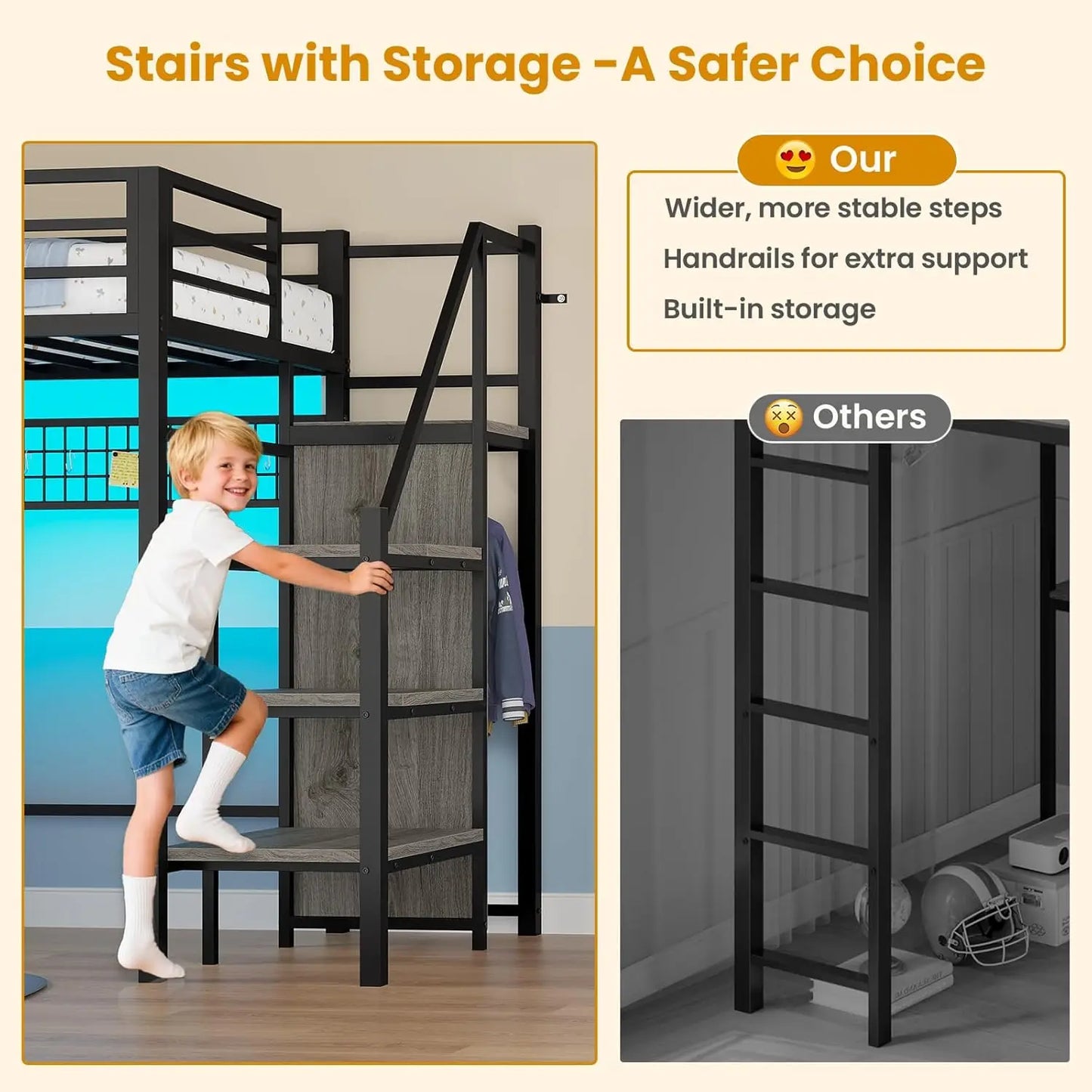 Metal Loft Bed With Storage Stairs LED Lights And Shelves
