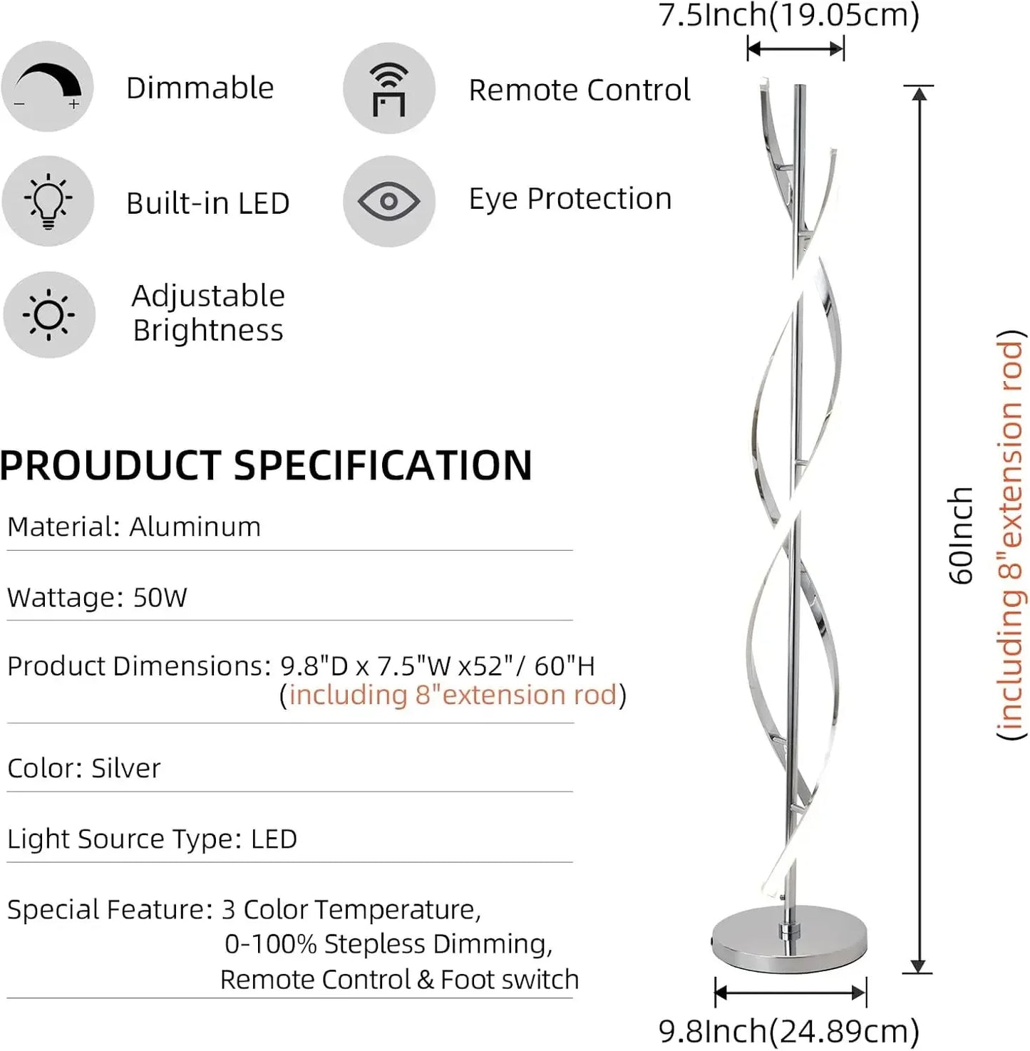 Adisun 40W LED Modern Floor Lamp With Remote Control