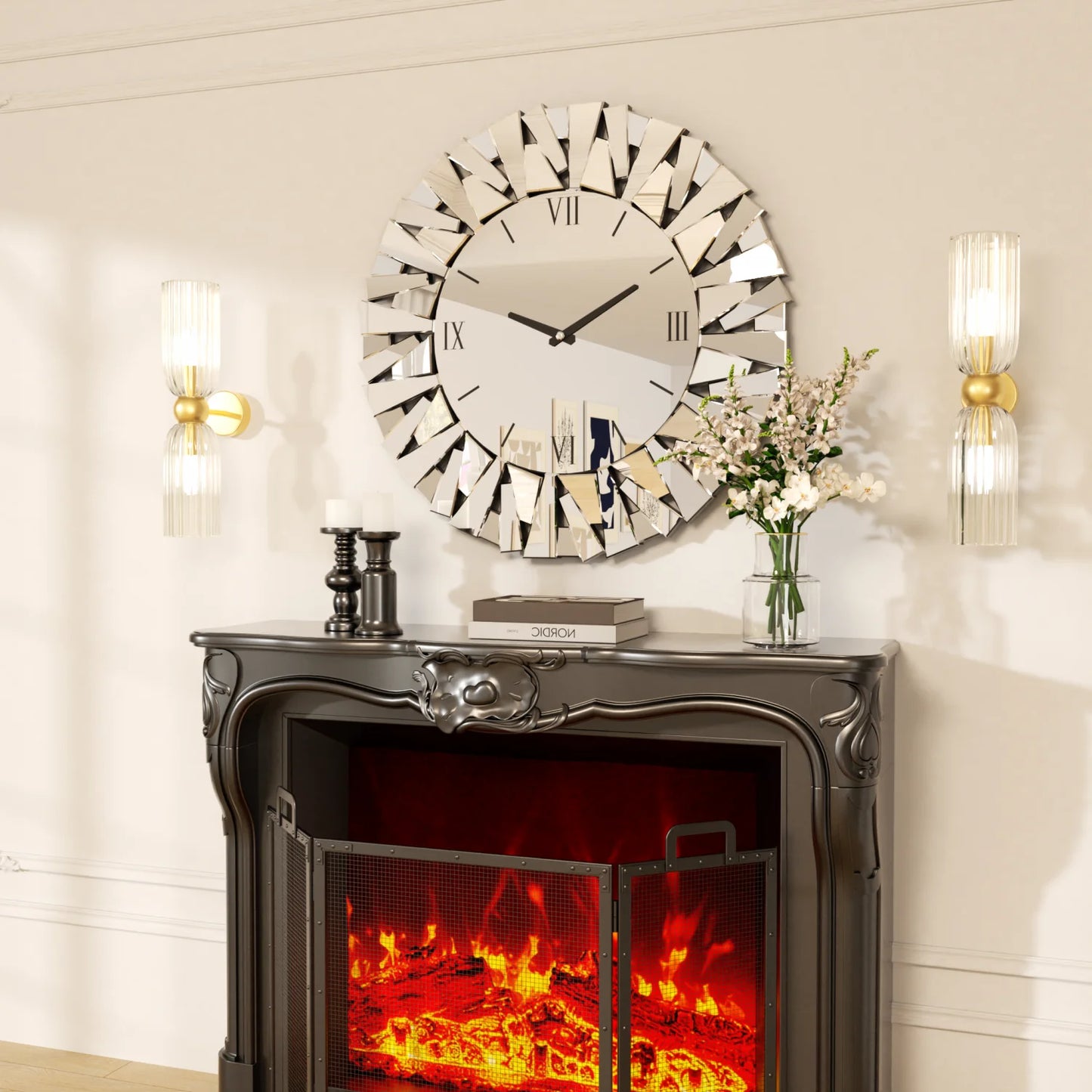 Wall Clock Round With Beveled Glass Edge And Mirrored Finish