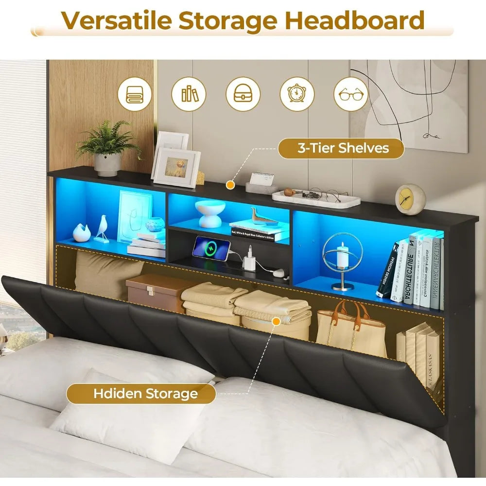 Bed Frame With Bookcase Headboard LED Lights And Charging Station