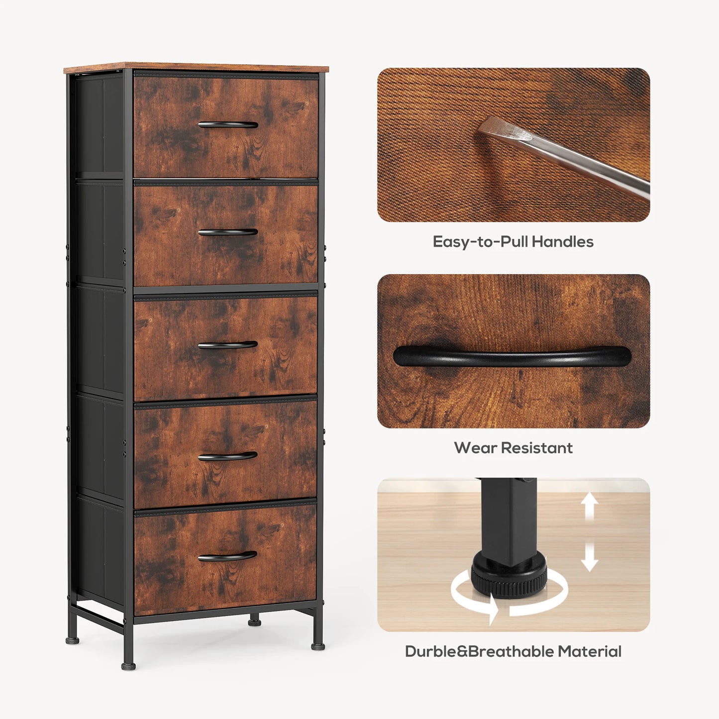 JHK Dresser With Five Fabric Drawers Bedroom Storage Cabinet