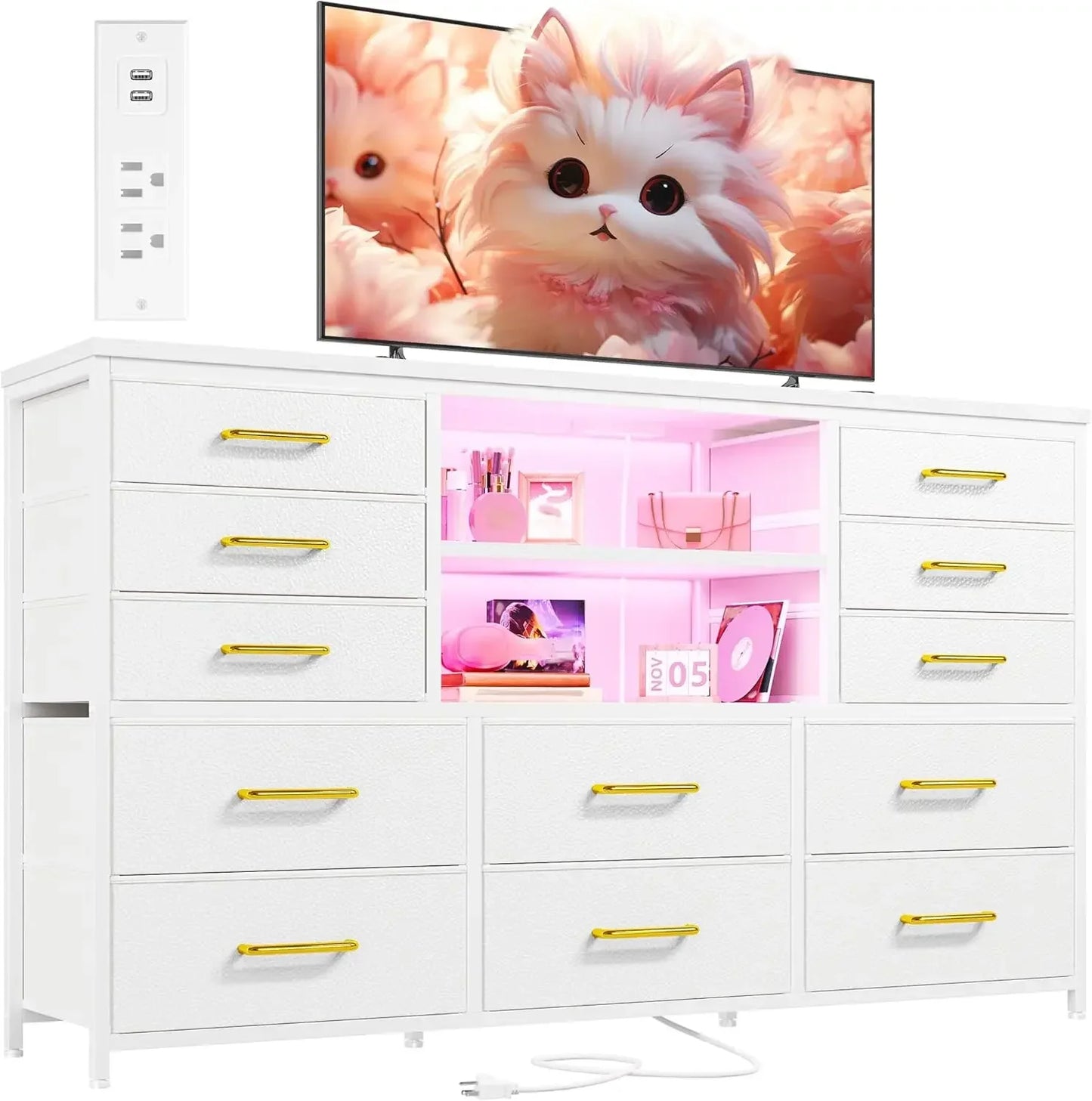 LED Light & Power Outlet Equipped 12-Drawer Dresser TV Stand for 60'' TV Bedroom Fabric Dressers  Chest for Storage Customized