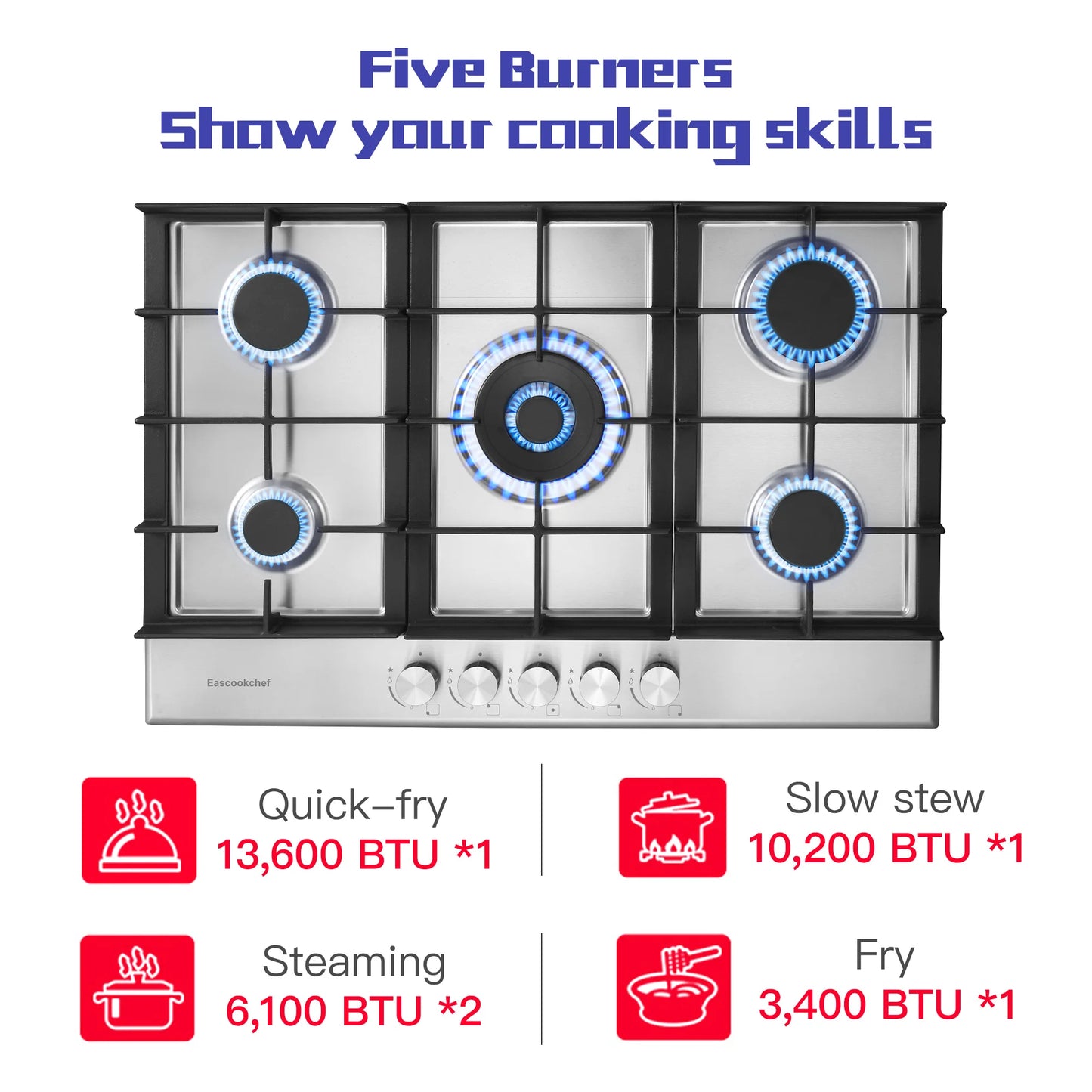 TopStrong 30 Inch Built In Stainless Steel Gas Cooktop Five High Power Burners