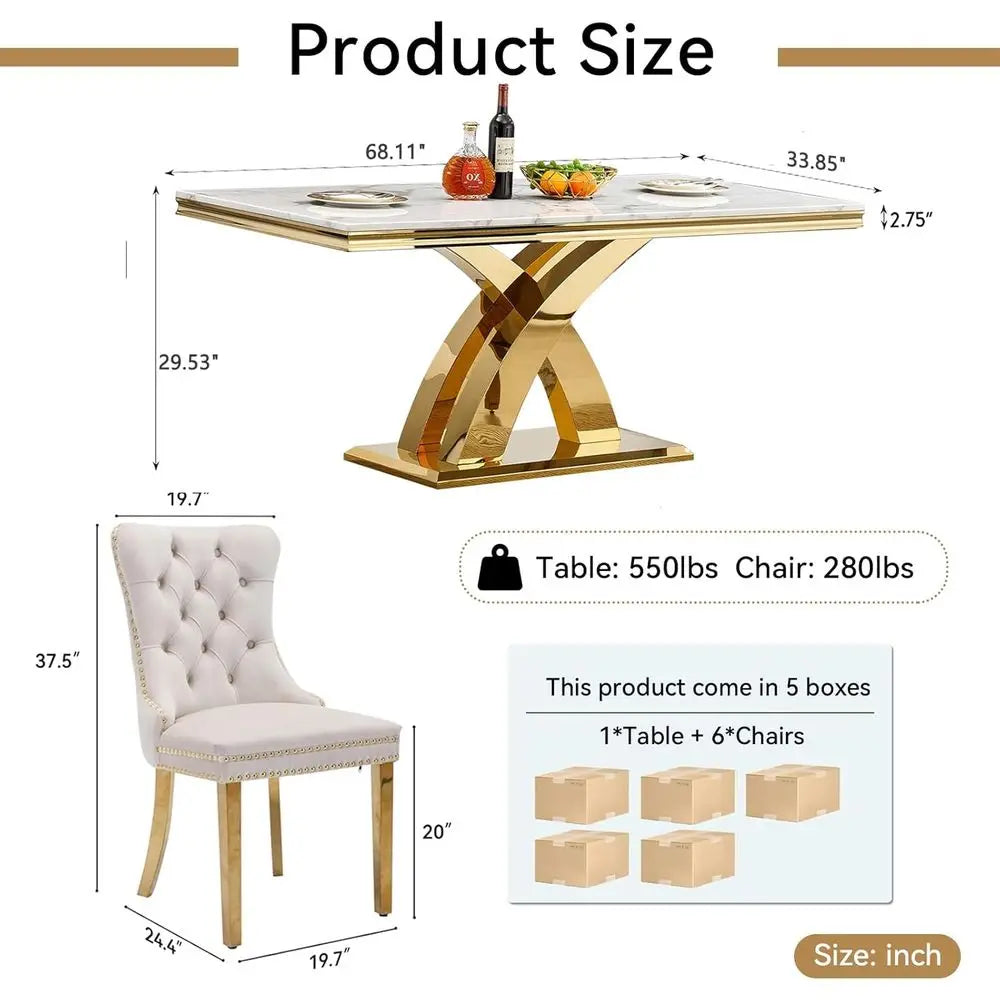 7-Piece Dining Set With Chairs And Marble-Look Table