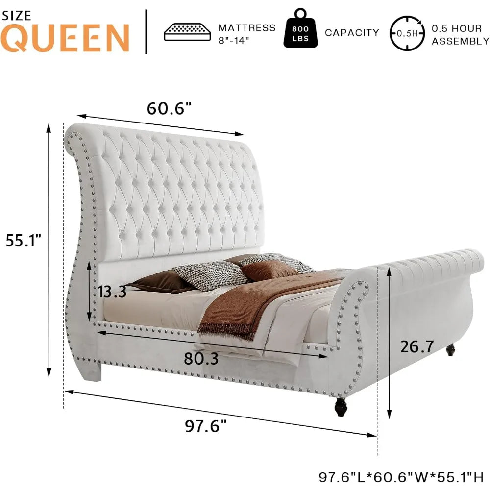 Velvet Upholstered Queen Bed Frame With Tufted Headboard And Footboard
