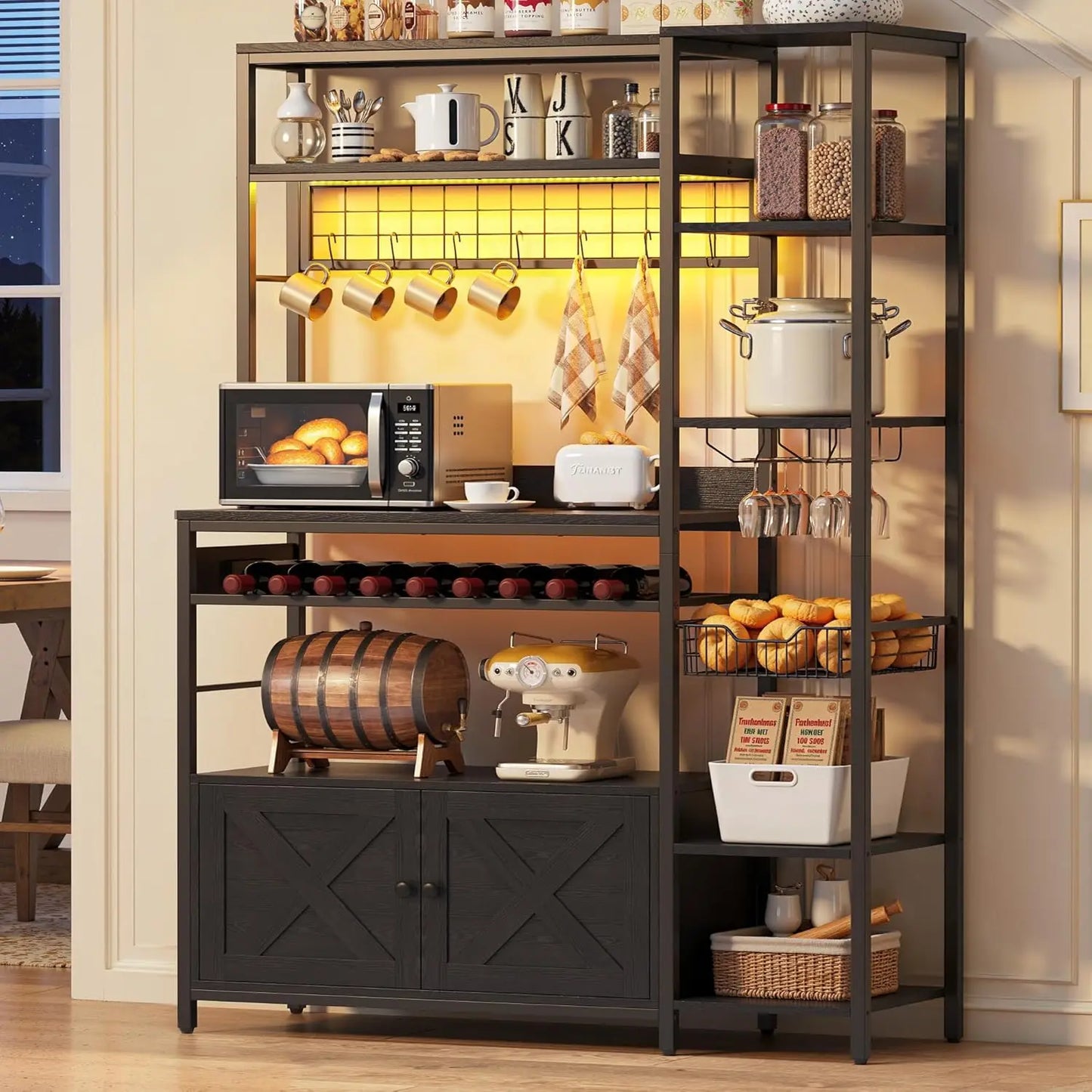 Bakers Rack With Power Outlet And Storage Cabinet Microwave Stand