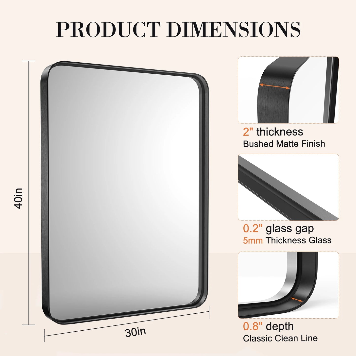 JHK Matte Metal Framed Bathroom Mirror Rectangular With Rounded Corner