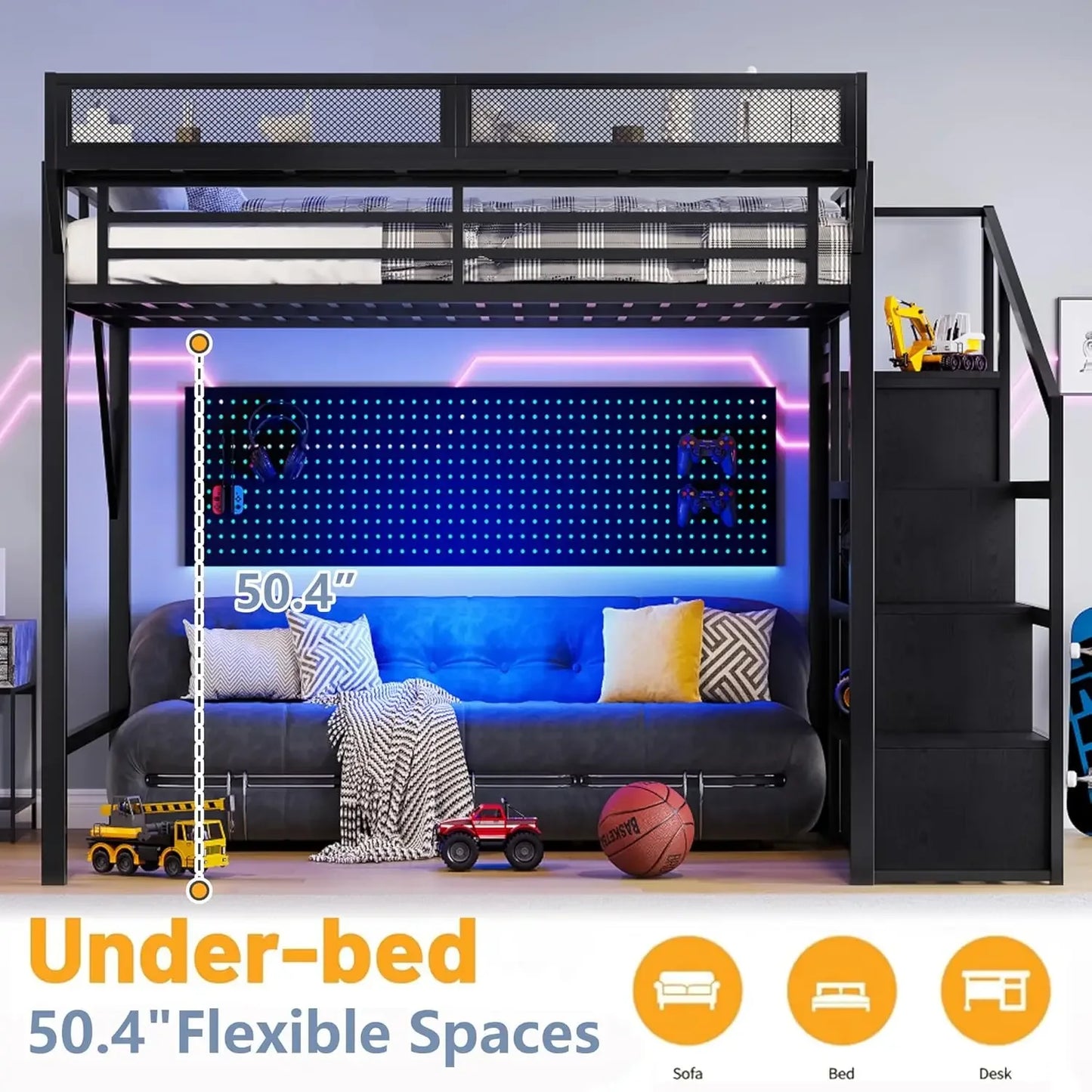 Queen Loft Bed With Stairs Storage Wardrobe USB Ports LED