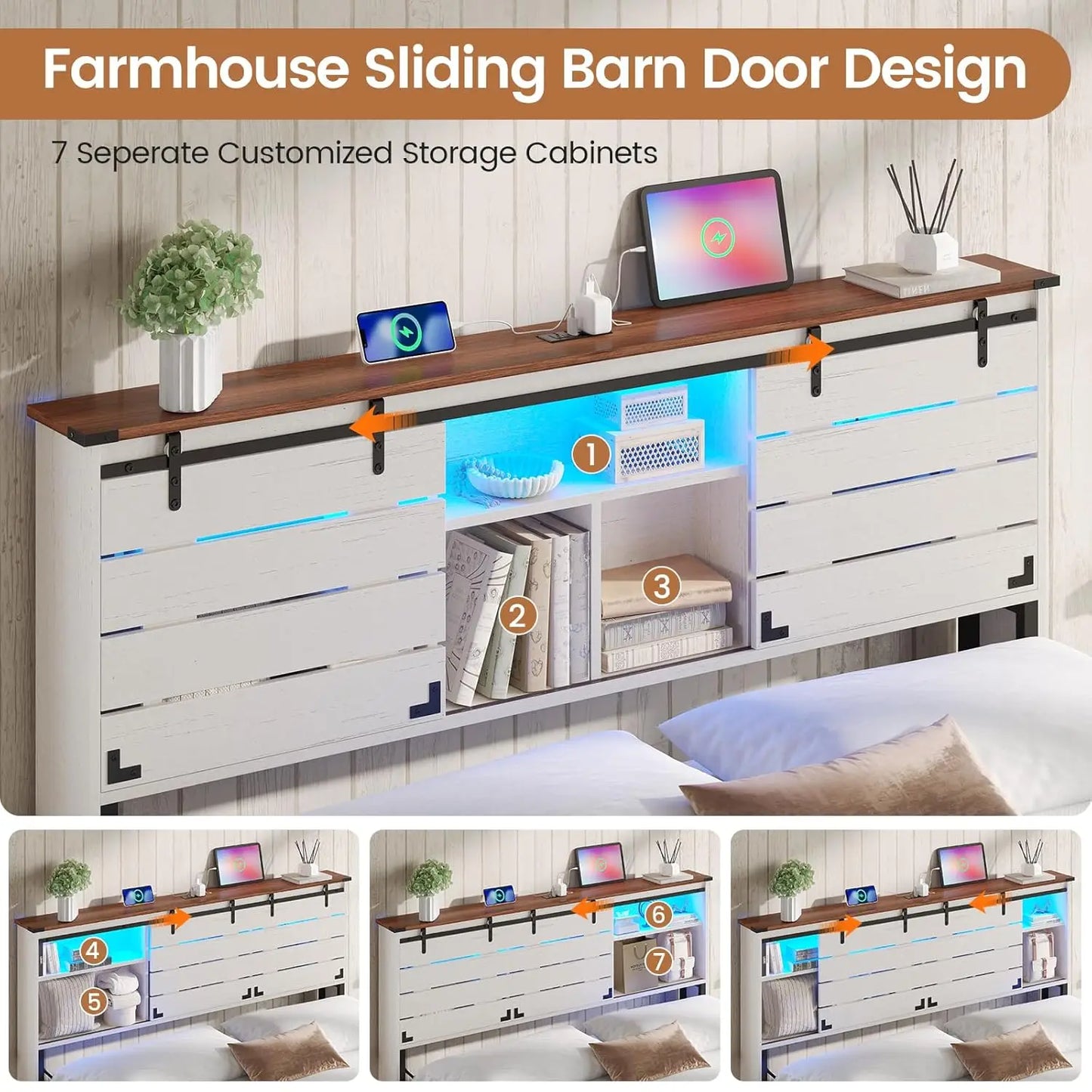 Wooden Bed Frame With Sliding Barn Doors And Charging Station