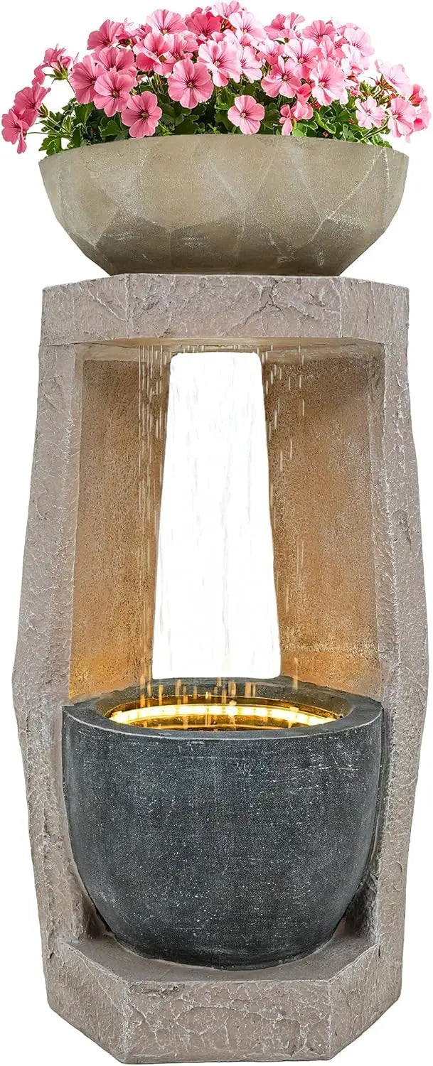 Outdoor Fountain Modern Geometric Two Bowls Water Feature LED Lights