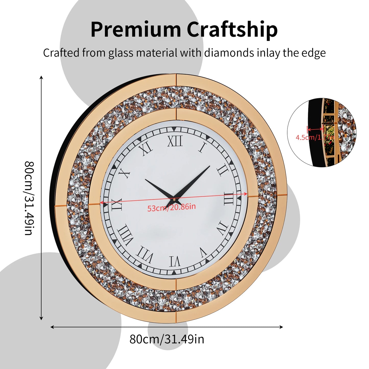Round Mirror Clock With Crystal Sparkle Accents For Wall Decor